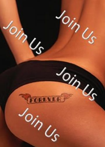 Tattoo on hip with Join Us text overlay.