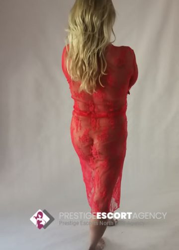 Woman in red lace dress standing, back view.