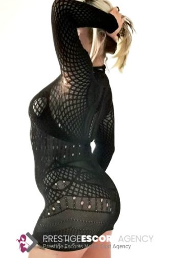 Person in stylish black mesh dress, side pose.